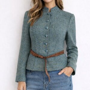 H&M Green Textured Fitted Jacket Size 6 Belted Blazer. Leather Woven Belt 36